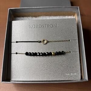 Nordstrom Cubic Zirconia Beaded & Cord Bracelet Set Black Gold Tone Mixed Media